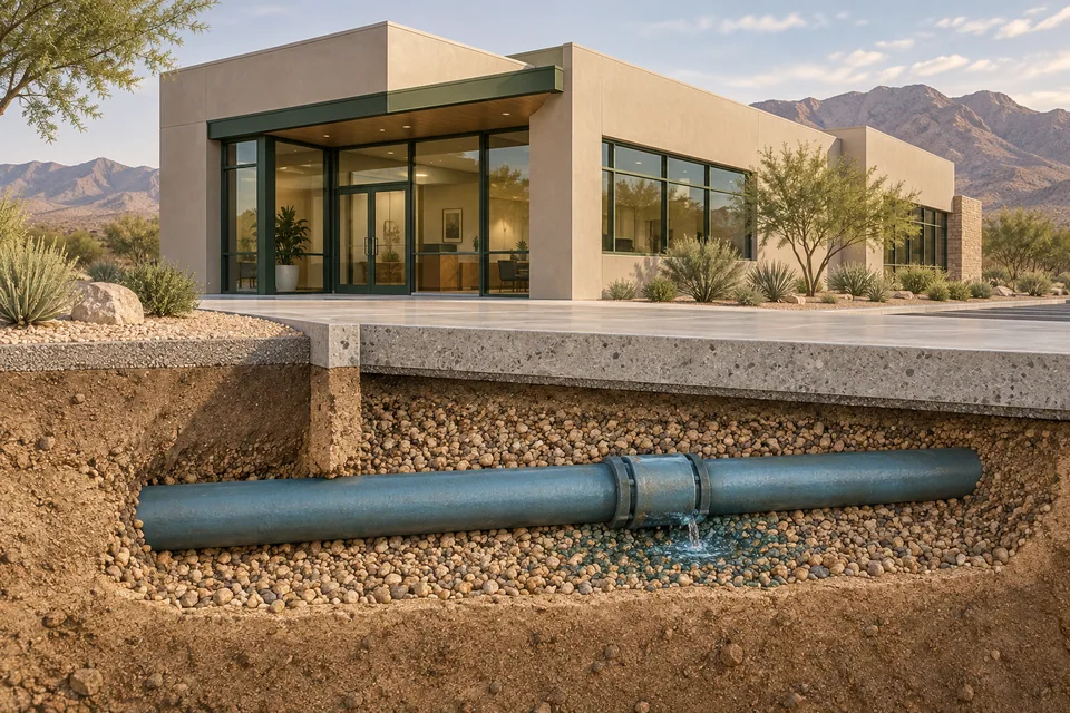 Educational cutaway illustrating a water-line leak beneath a commercial building